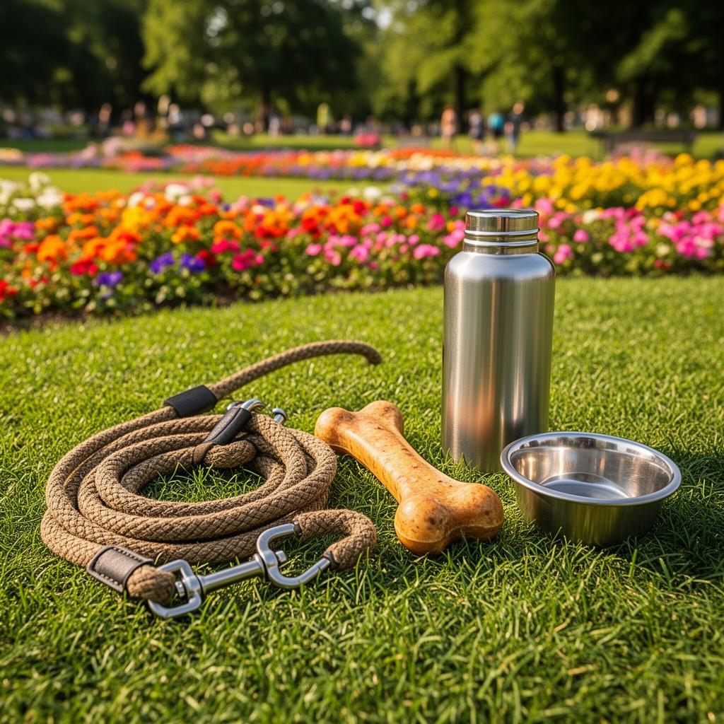Kit de paseo de Boira: cuerda, hueso y botella de agua en el parque