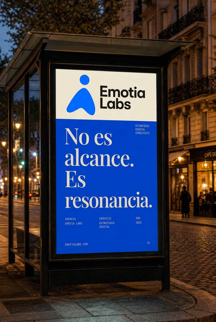 Mupi nocturno Emotia Labs — No es alcance. Es resonancia.