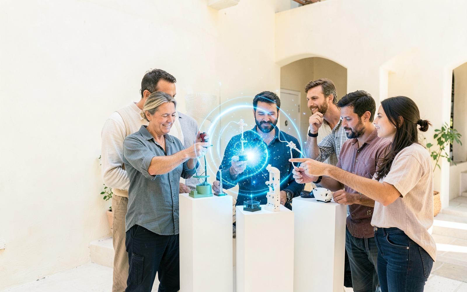 Equipo evaluando prototipos reales y aprendizajes de marketing unidos por el halo azul de Emotia Labs