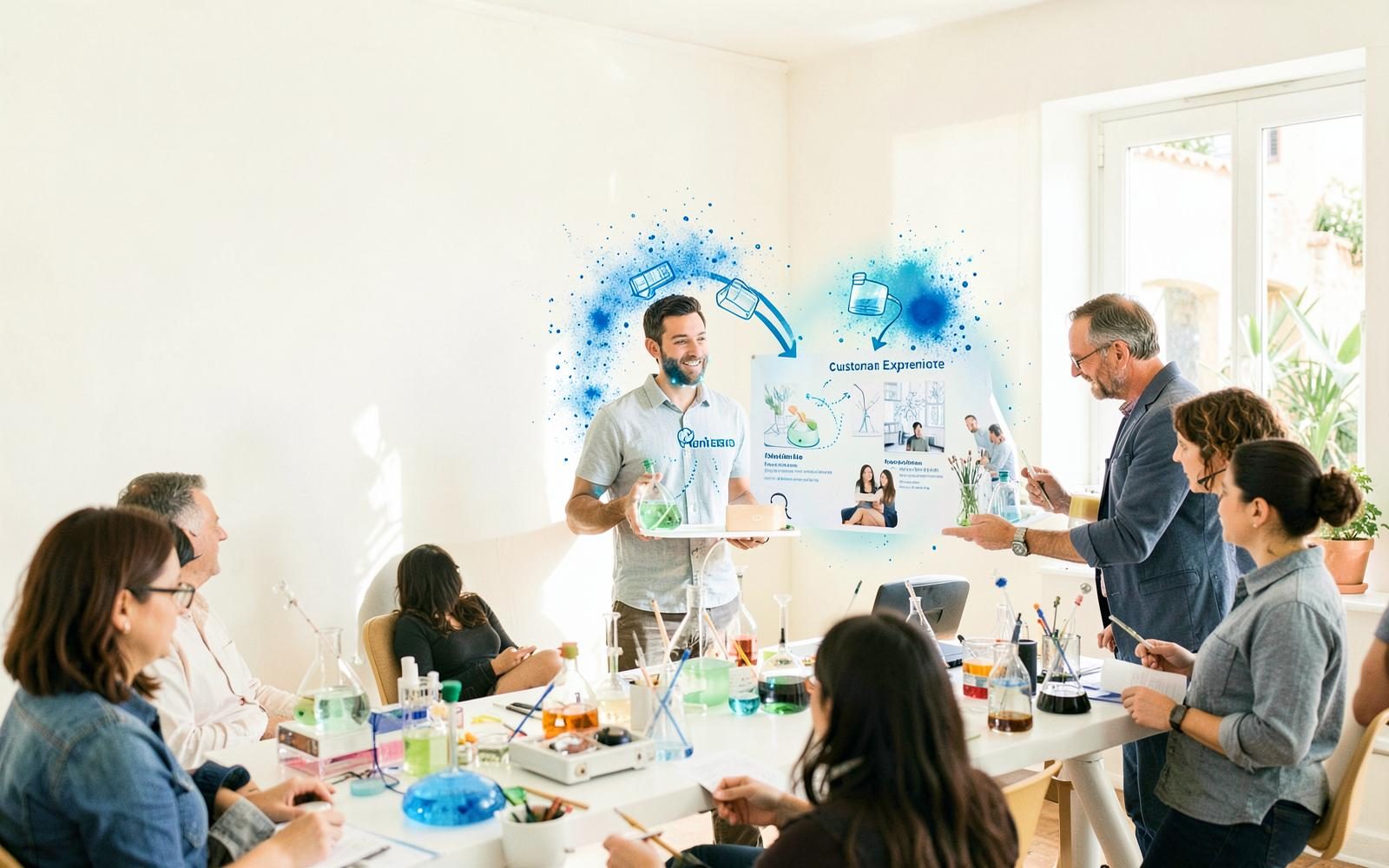 Equipo presentando distintas acciones de marketing conectadas por el halo azul de Emotia Labs
