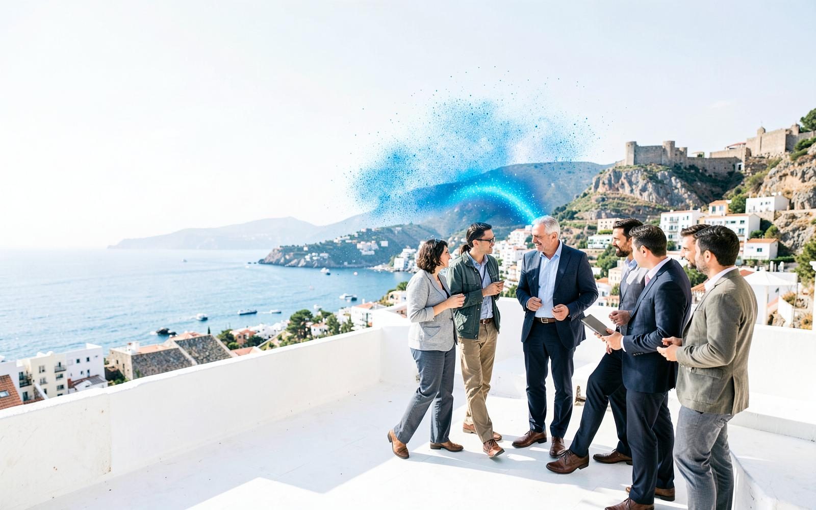 Profesionales conversando en Alicante con el Mediterráneo y el halo azul de Emotia Labs