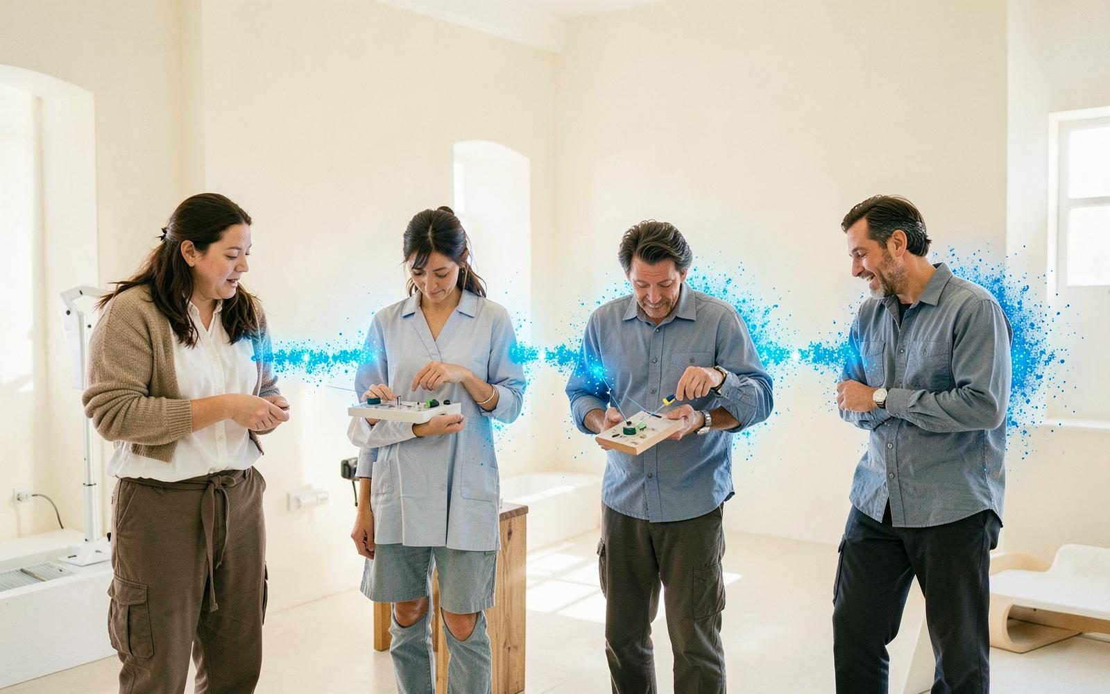 Cuatro profesionales recorriendo las fases del método con el halo azul de Emotia Labs