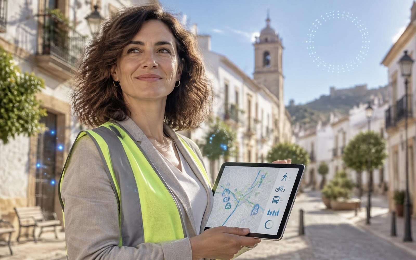 Técnica municipal de movilidad consultando en una tableta un mapa de desplazamientos en la calle de un pueblo español