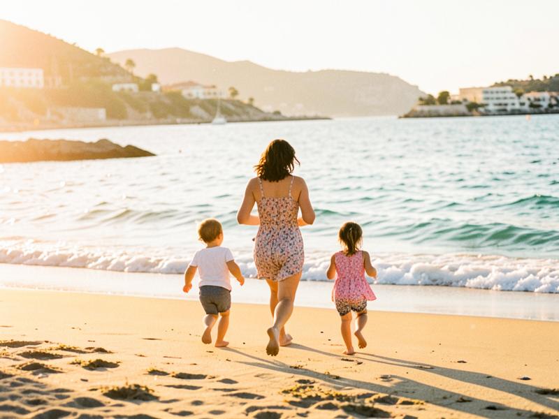 Madre corriendo hacia la playa con sus hijos